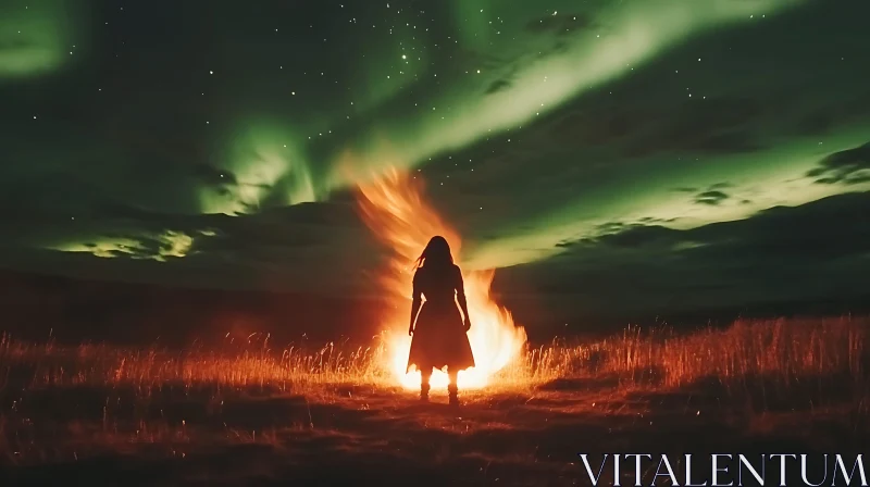 Night Bonfire Under Northern Lights
