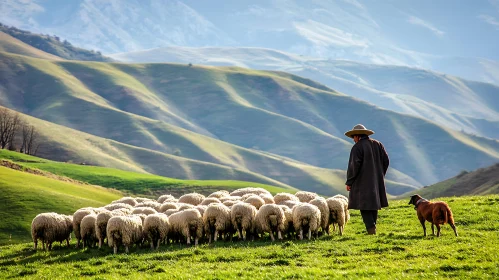 Shepherd and Flock on Green Hills