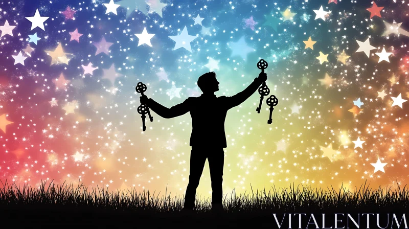 Man with Keys Under Starry Sky
