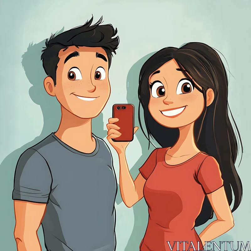 Smiling Couple Cartoon Selfie