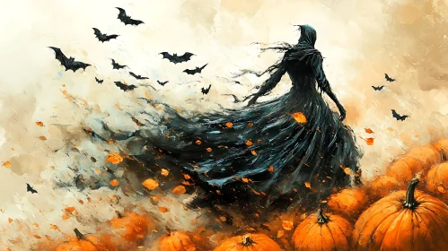 Halloween Night Specter with Pumpkins and Bats