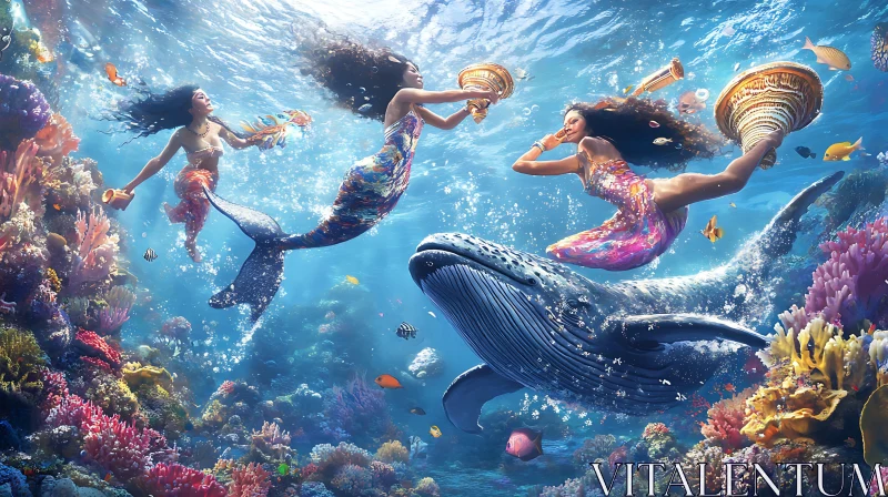 Underwater Scene with Mermaids and Whale