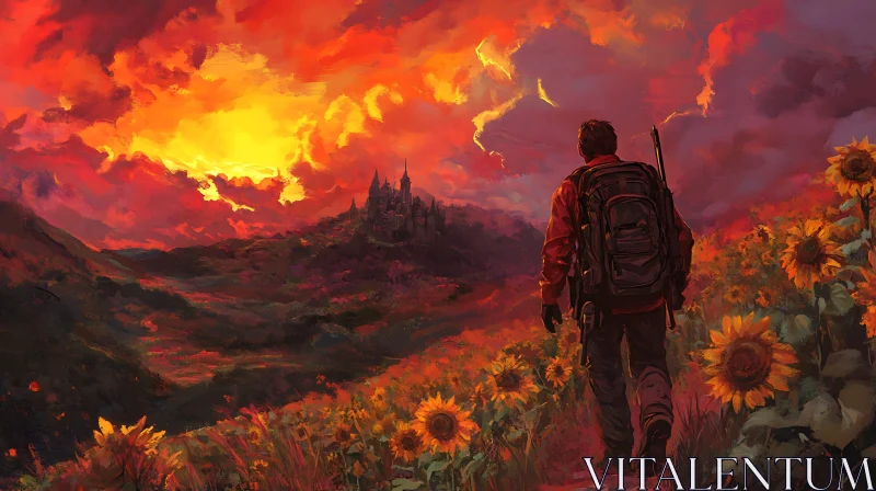 Sunset Walk to Castle Through Sunflower Field