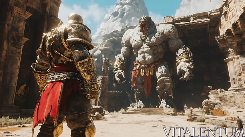 Ancient Battle: Armored Warrior vs. Stone Colossus