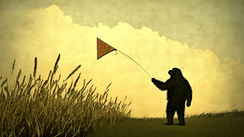 Silhouette with Kite in Golden Field