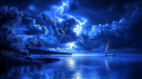 Night Sailboat on the Sea