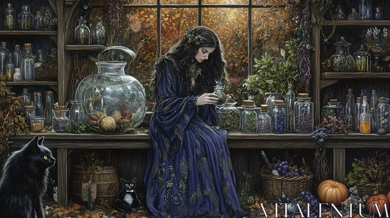 Vintage Witchcraft Scene with Feline Companions