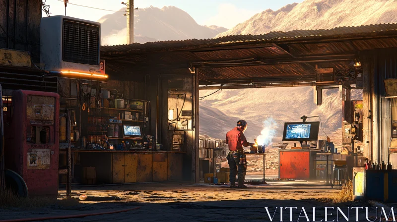 Desert Garage Worker at Welding Station