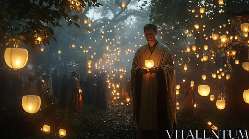 Illuminated Forest Gathering with Monk