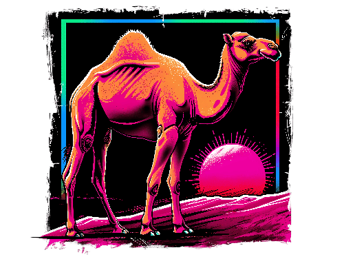 Retro 80s Digital Painting of a Pink Camel at Sunset
