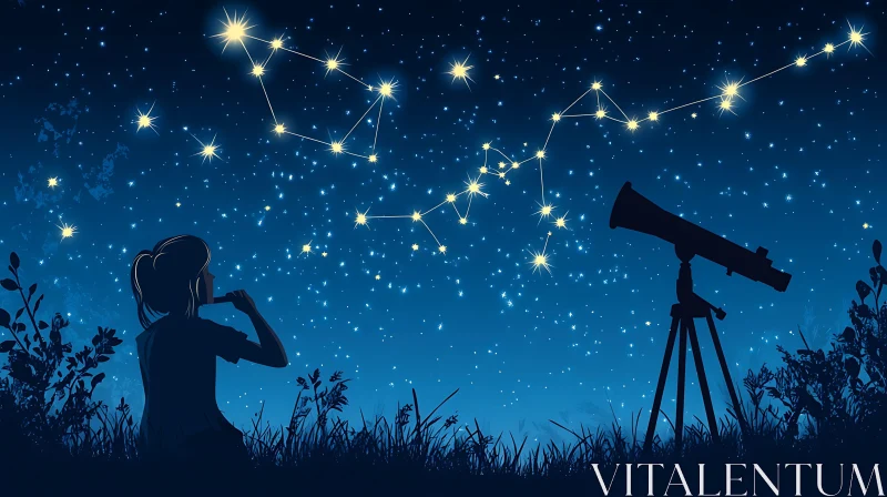 Girl Watching Constellations with Telescope