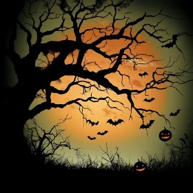 Spooky Halloween Scene with Bats Silhouettes