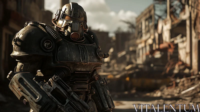 Armored Figure in Ruined Cityscape