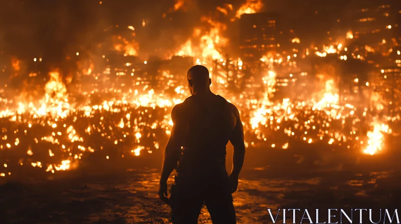 Silhouette Amidst Flames: Confronting Destruction