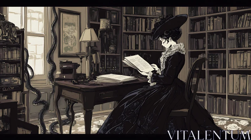 Woman Reading With Snake in Old Library