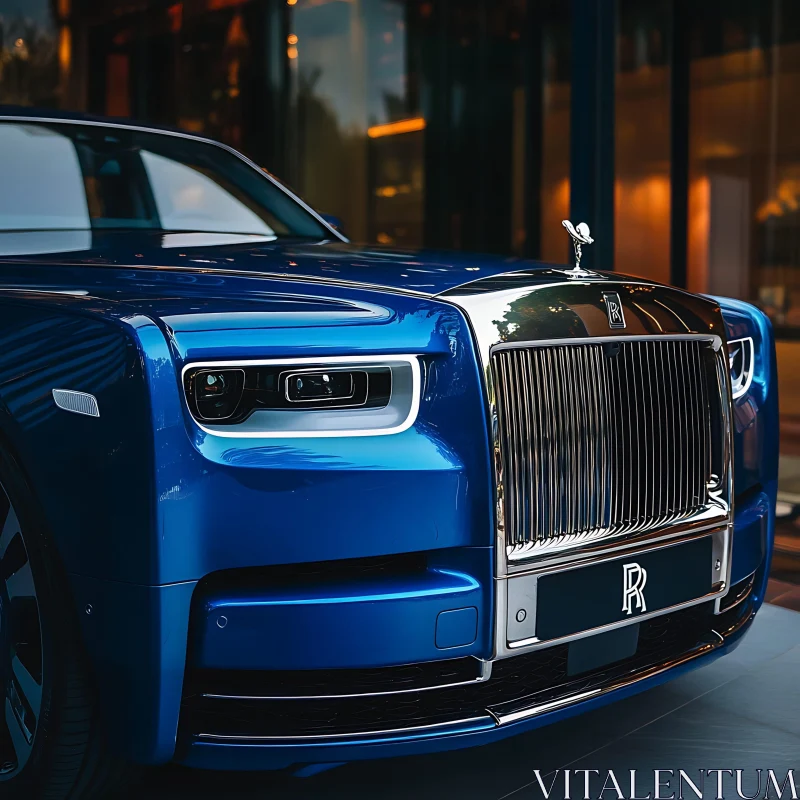 Metallic Blue Luxury Car Front Close-Up