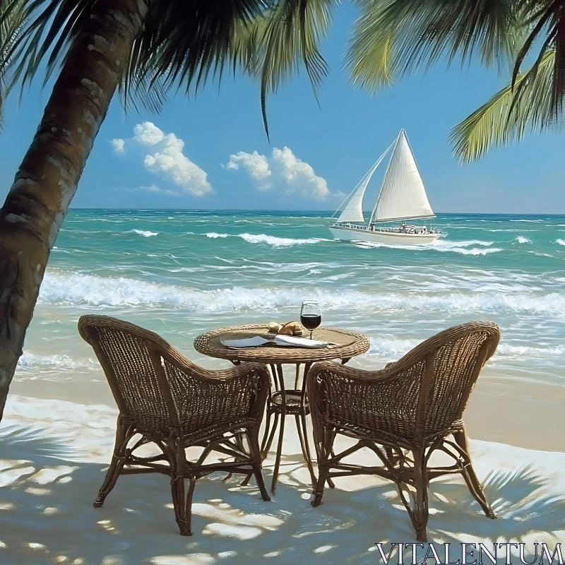 Tropical Beach with Sailboat and Wine