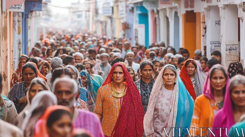 Indian Street Scene with Colorful Crowd