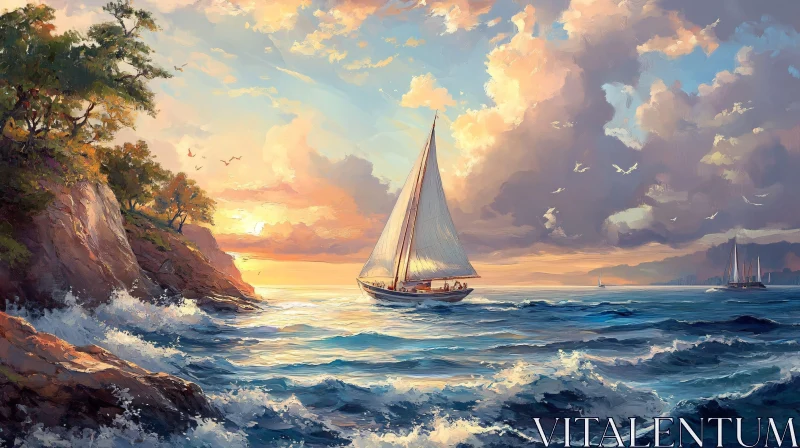 Peaceful Ocean Sailboat at Sunset