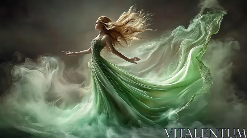 Woman in Green Dress Amidst Smoke