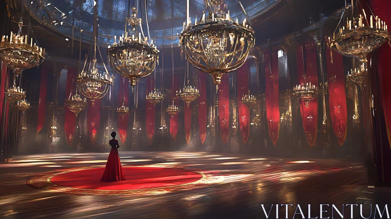 Lady in Red Dress Under Chandeliers