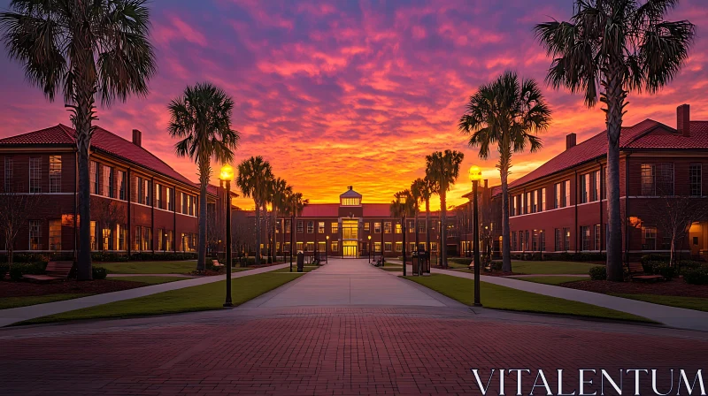 Palm Framed Building at Sunset