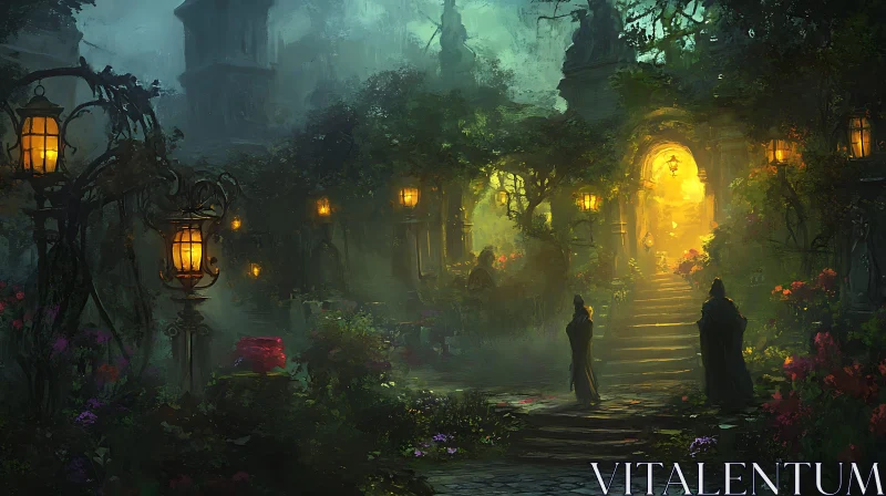 Mystical Garden Scene with Illuminated Archway