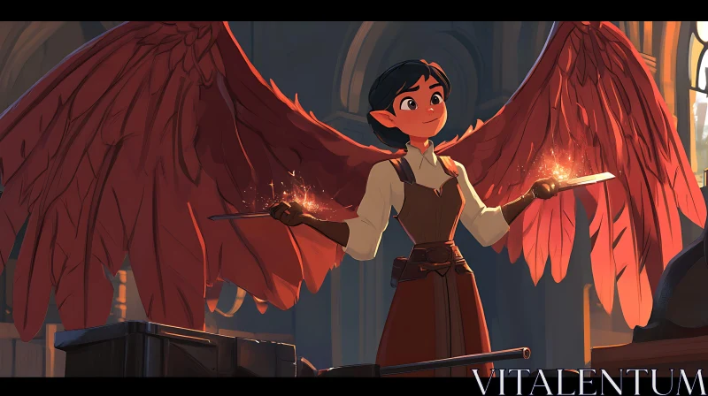 Winged Character Illustration with Magical Sparks