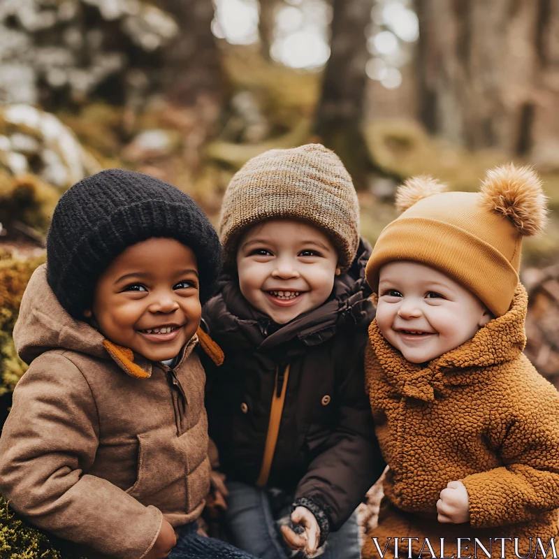Three Smiling Kids in Autumn Forest