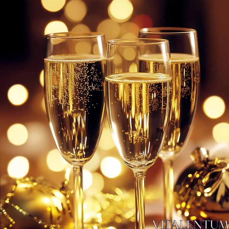Festive Champagne Flutes with Bokeh Lights