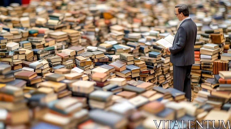 Man Reading Among Piles of Books