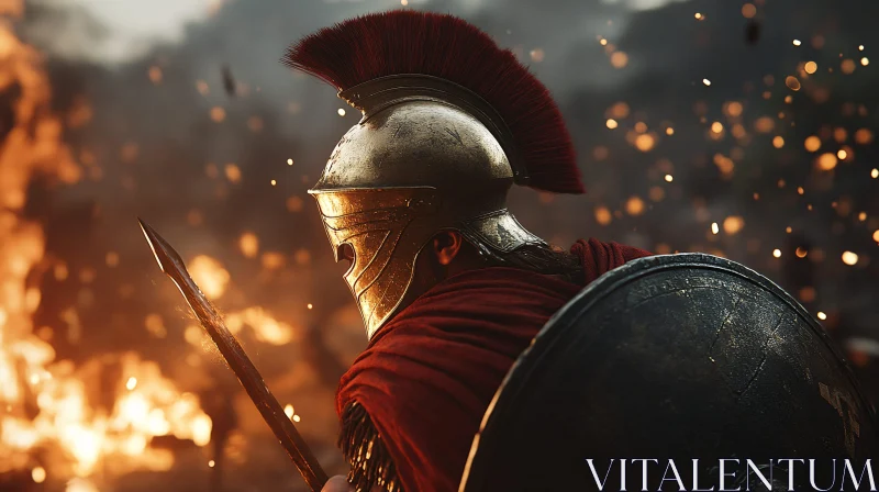 Spartan Warrior in Fiery Battlefield