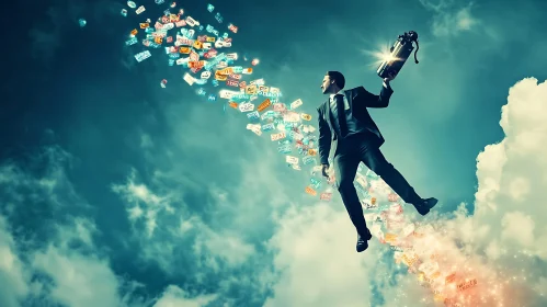 Man Flying with Camera in Cloudy Sky