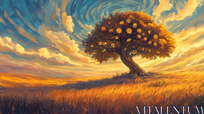 Enchanted Tree Under Swirling Skies