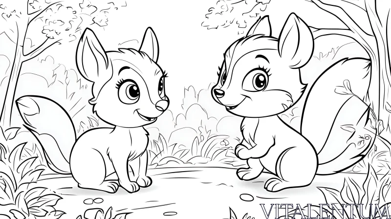 Two Squirrels Cartoon Black and White