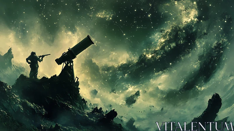Stargazer with Telescope Under Cosmic Sky