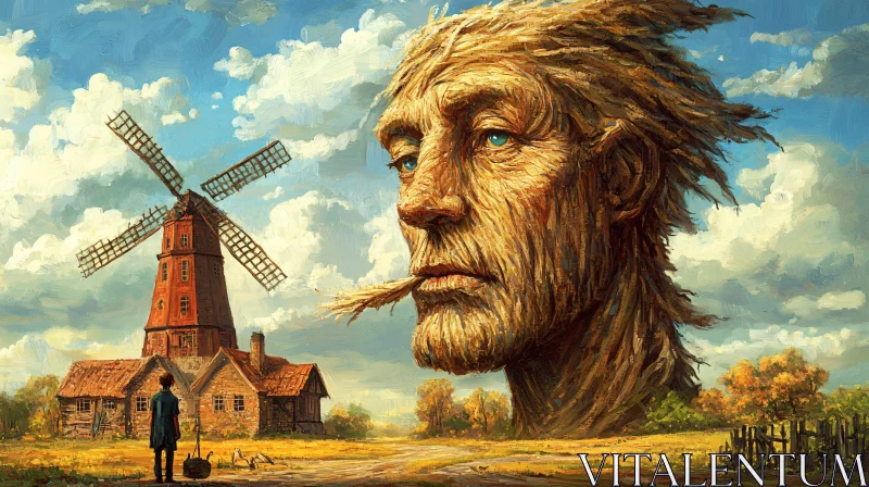 Surreal Landscape with Giant Face and Windmill