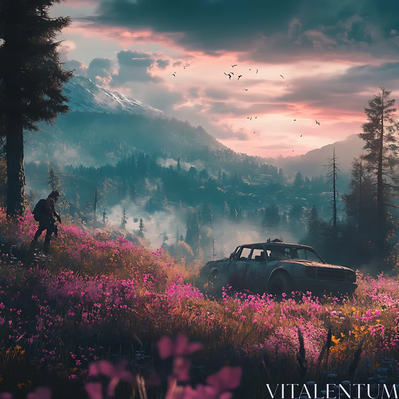 Wildflower Field with Mountain Backdrop