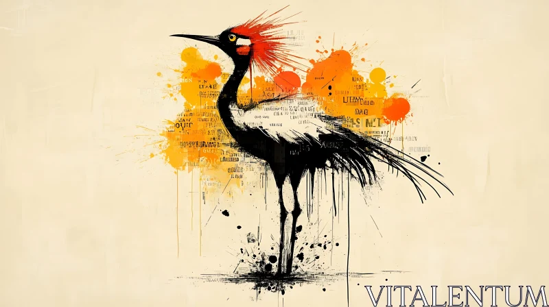 Abstract Crane Illustration with Ink Splatters