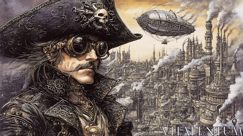 Pirate and Airship in Steampunk City
