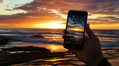 Ocean Sunset Reflected on Phone Screen