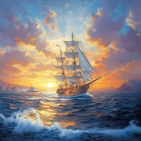 Ocean Sunset with Sailing Ship