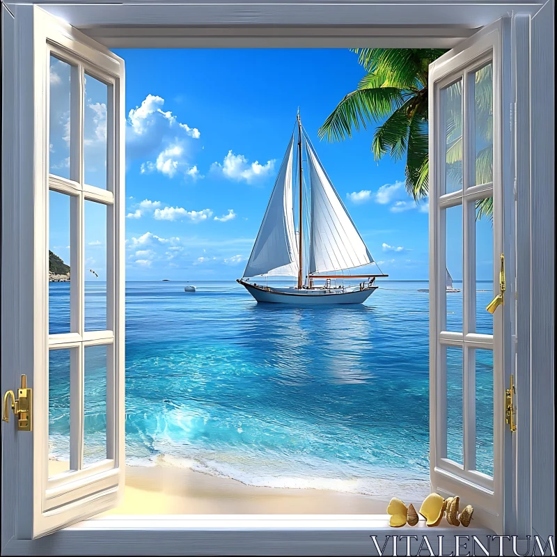 Sailboat at Sea Through Open Window