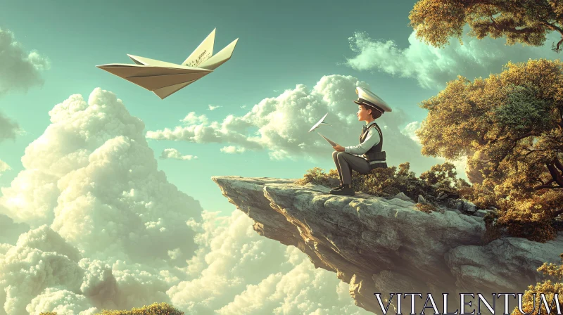 Boy and Paper Airplane on Cliff