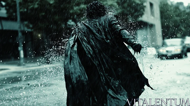 Figure in Dark Coat Walking in Rain
