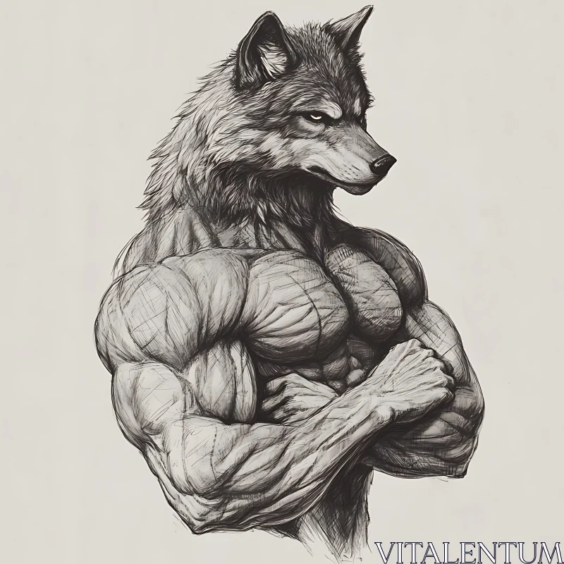 Monochrome Sketch of a Muscular Wolf Character