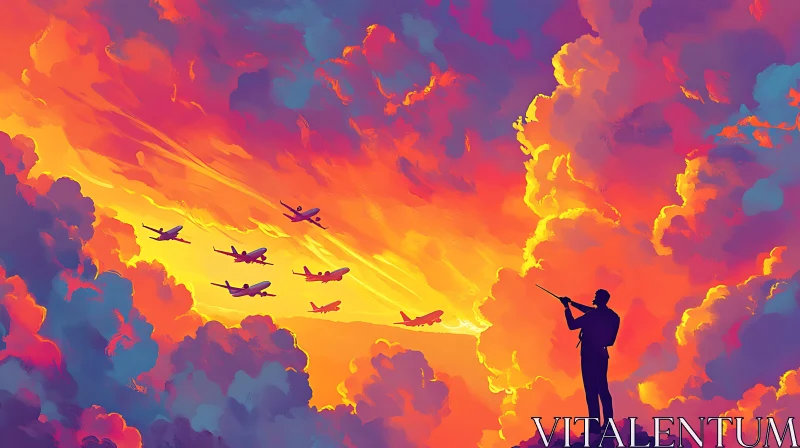 Man Aims at Planes in Sunset