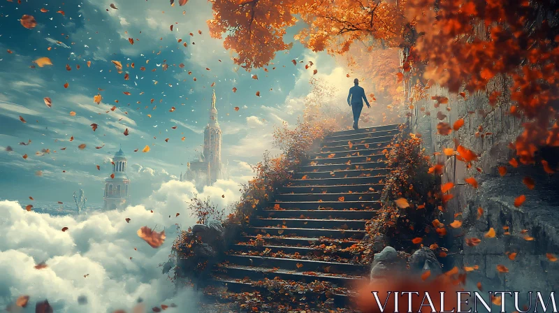Ascending Autumn Stairs to Distant Castle