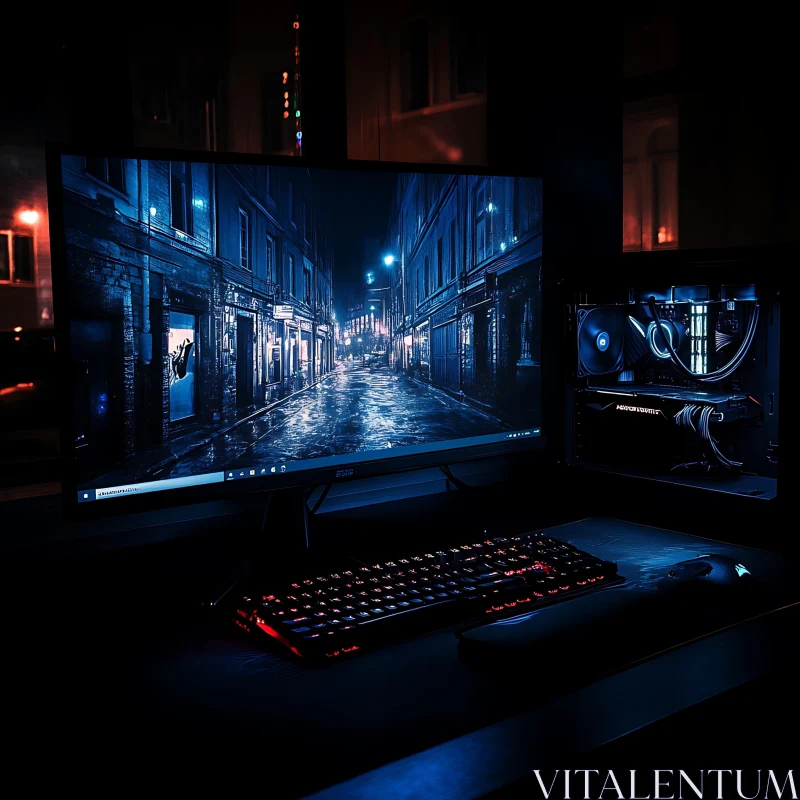 Advanced Desktop PC and Nighttime Cityscape
