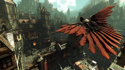 Winged Flight Over Industrial City